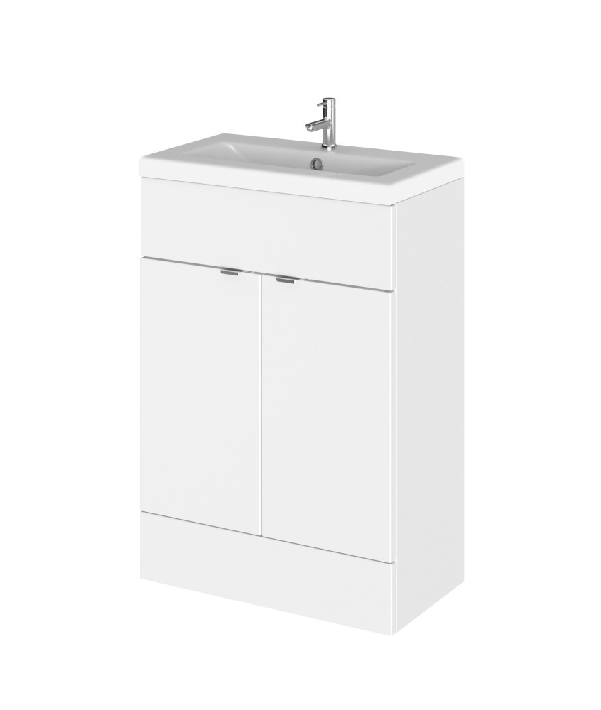 Hudson Reed Fusion Floor Standing 2 Door Vanity Unit & Ceramic Basin, Vanity Unit with Basin, Gloss White, 600mm