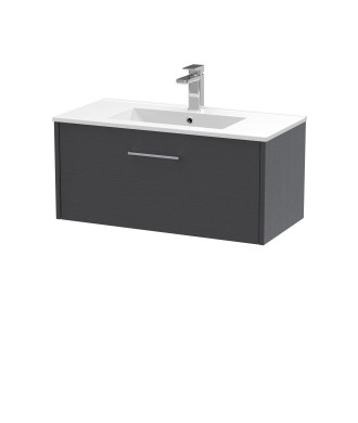 Hudson Reed Juno Wall Hung 1-Drawer Vanity and Minimalist 1 Tap Hole Basin, Spacious Sink Vanity Unit, Graphite Grey Woodgrai...