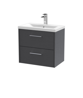 Hudson Reed Juno Wall Hung 2-Drawer Vanity and Mid-Edge 1 Tap Hole Basin, Stylish Sink Vanity Unit, Graphite Grey Woodgrain, ...