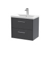 Hudson Reed Juno Wall Hung 2-Drawer Vanity and Mid-Edge 1 Tap Hole Basin, Stylish Sink Vanity Unit, Graphite Grey Woodgrain, ...