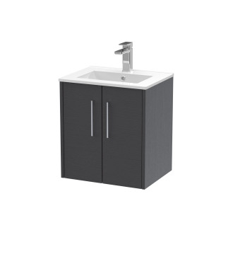 Hudson Reed Juno Wall Hung 2-Door Vanity & Minimalist 1 Tap Hole Basin, Premium Sink Vanity Unit, Graphite Grey Woodgrain, 500mm