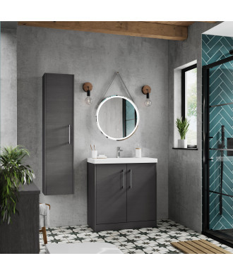 Hudson Reed Juno Floor Standing 2-Door Vanity & Mid-Edge 1 Tap Hole Basin, Elegant Sink Vanity Unit, Graphite Grey Woodgrain,...