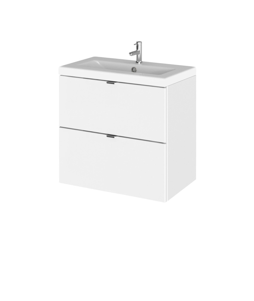 Hudson Reed Fusion Wall Hung 2 Drawer Vanity Unit & Ceramic Basin, Stylish Vanity Unit with Basin, Gloss White, 600mm