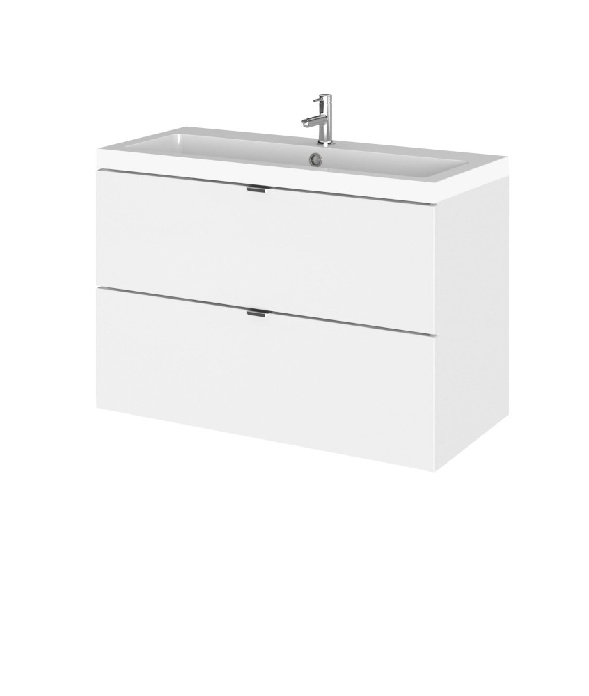 Hudson Reed Fusion Wall Hung 2 Drawer Vanity Unit & Polymarble Basin, Stylish Vanity Unit with Basin, Gloss White, 800mm