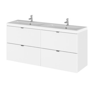 Hudson Reed Fusion Wall Hung 4 Drawer Vanity Unit & Twin Ceramic Basin, Stylish Vanity Unit with Basin, Gloss White, 1200mm