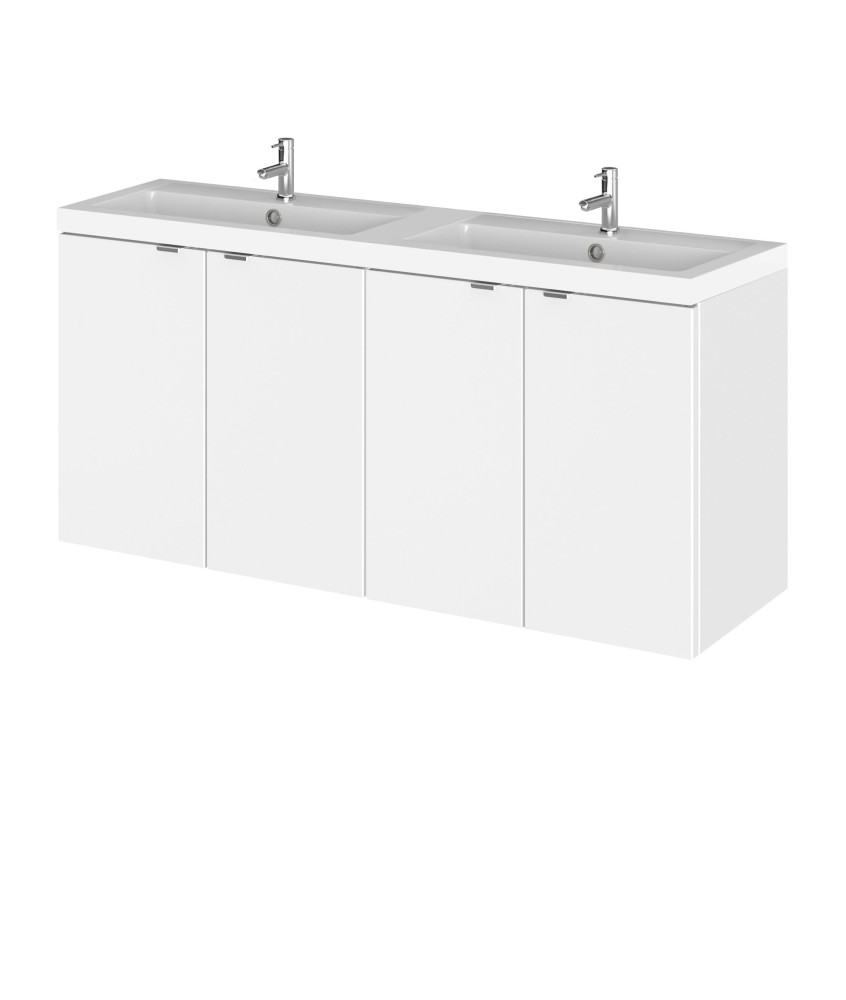 Hudson Reed Fusion Wall Hung 4 Door Vanity Unit & Twin Polymarble Basin, Stylish Vanity Unit with Basin, Gloss White, 1200mm
