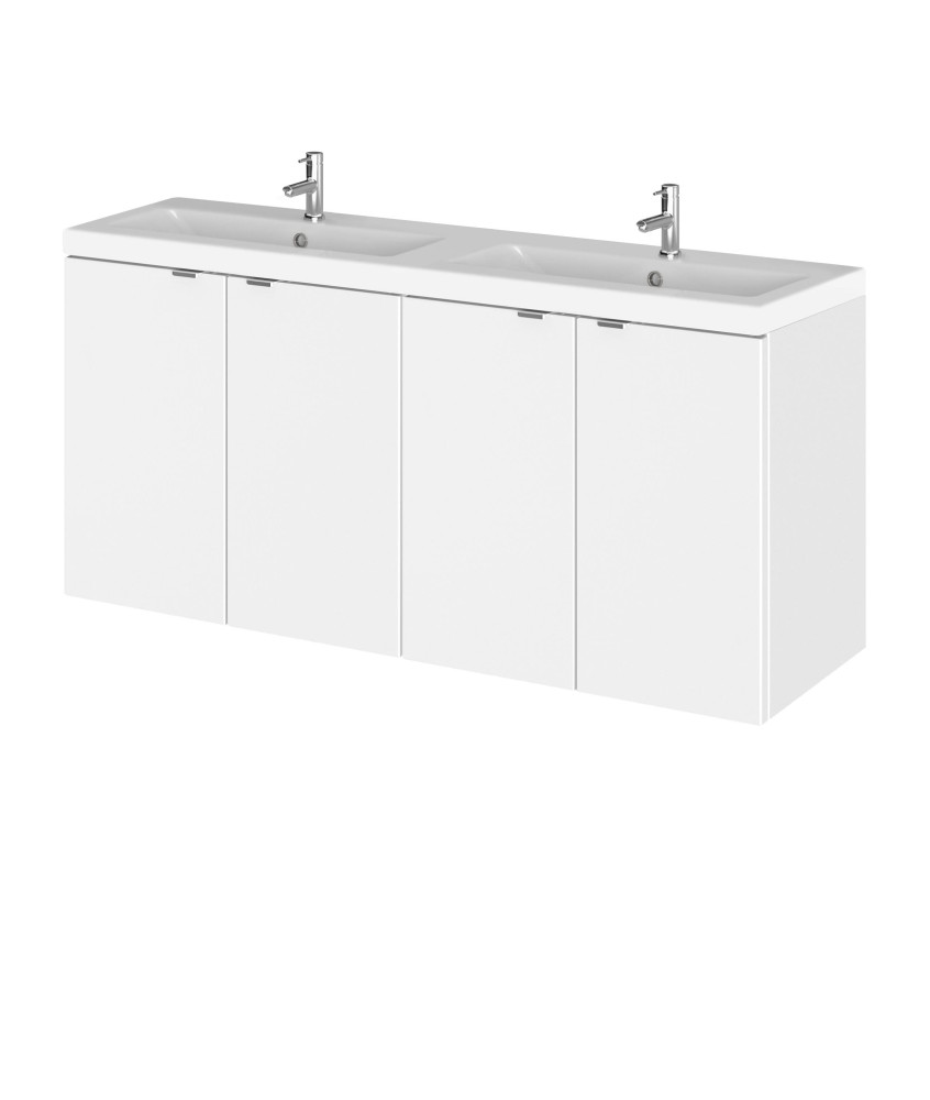 Hudson Reed Fusion Wall Hung 4 Door Vanity Unit & Twin Ceramic Basin, Stylish Vanity Unit with Basin, Gloss White, 1200mm