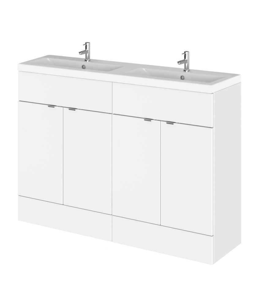 Hudson Reed Fusion Floor Standing 4 Drawer Vanity Unit & Twin Ceramic Basin, Stylish Vanity Unit with Basin, Gloss White, 1200mm