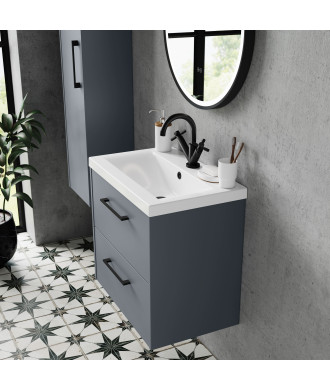 Hudson Reed Juno Wall Hung 2-Drawer Vanity and Mid-Edge 1 Tap Hole Basin, Timeless Sink Vanity Unit, Coastal Grey, 800mm