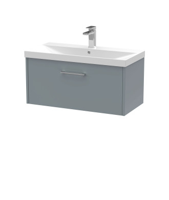 Hudson Reed Juno Wall Hung 1-Drawer Vanity and Thin-Edge 1 Tap Hole Basin, Timeless Sink Vanity Unit, Coastal Grey, 800mm