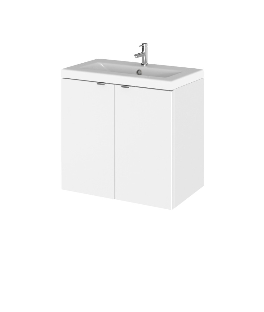 Hudson Reed Fusion Wall Hung 2 Door Vanity Unit & Ceramic Basin, Stylish Vanity Unit with Basin, Gloss White, 600mm