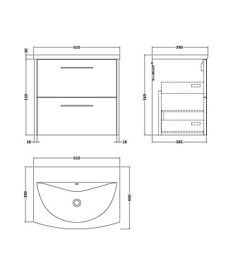 Hudson Reed Juno Wall Hung 2-Drawer Vanity and Curved 1 Tap Hole Basin, Timeless Sink Vanity Unit, Coastal Grey, 600mm