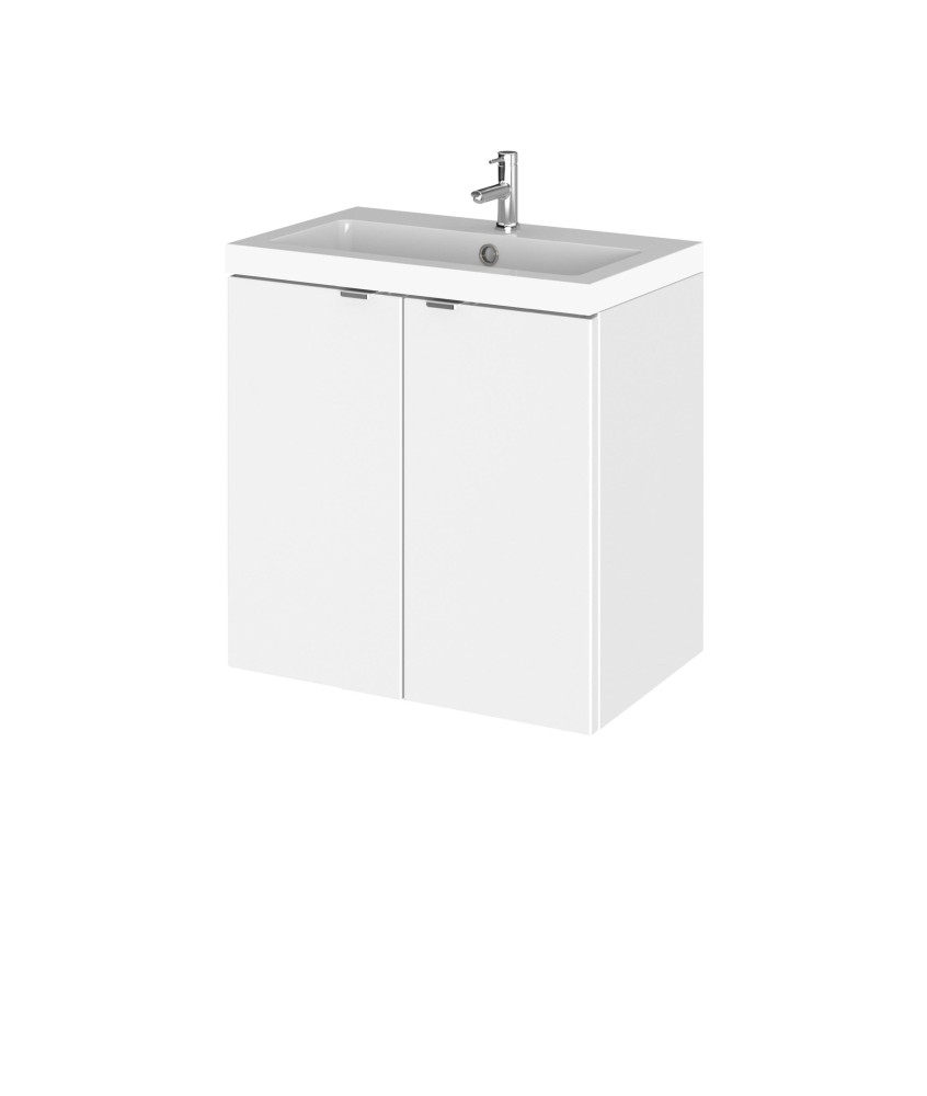 Hudson Reed Fusion Wall Hung 2 Door Vanity Unit & Polymarble Basin, Stylish Vanity Unit with Basin, Gloss White, 500mm