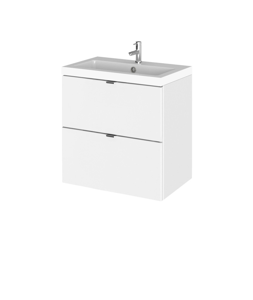 Hudson Reed Fusion Wall Hung 2 Drawer Vanity Unit & Polymarble Basin, Stylish Vanity Unit with Basin, Gloss White, 500mm