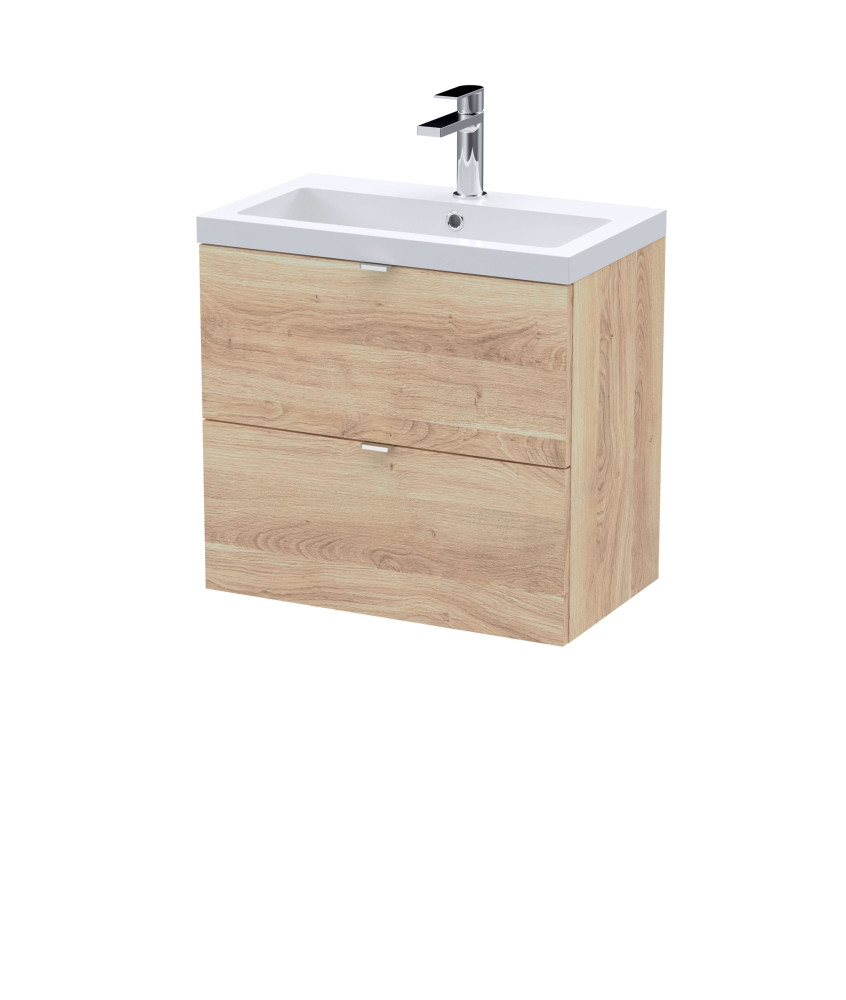 Hudson Reed Fusion Wall Hung 2-Drawer Vanity Unit & Polymarble Basin, Vanity Unit with Basin, Bleached Oak, 600mm