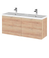 Hudson Reed Fusion Wall Hung 4-Drawer Vanity & Double Polymarble Basin, Vanity Unit with Basin, Bleached Oak, 1200mm