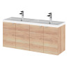 Hudson Reed Fusion Wall Hung 4-Door Vanity & Double Polymarble Basin, Vanity Unit with Basin, Bleached Oak, 1200mm