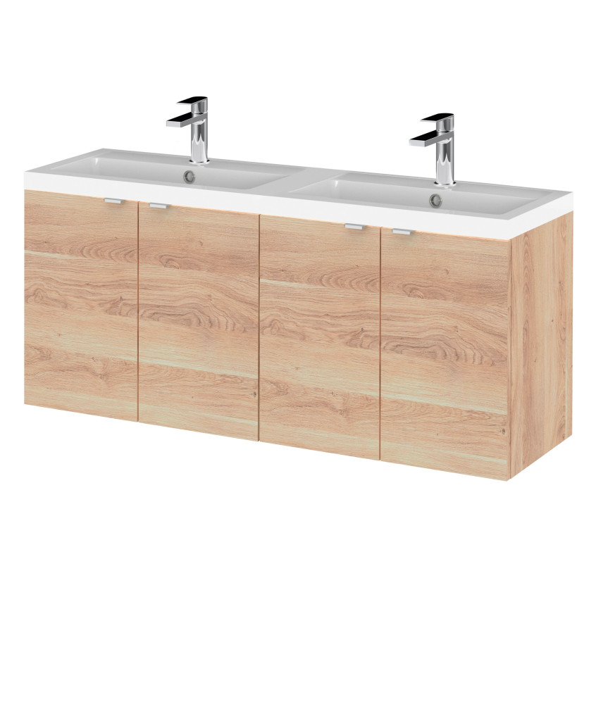 Hudson Reed Fusion Wall Hung 4-Door Vanity & Double Ceramic Basin, Vanity Unit with Basin, Bleached Oak, 1200mm