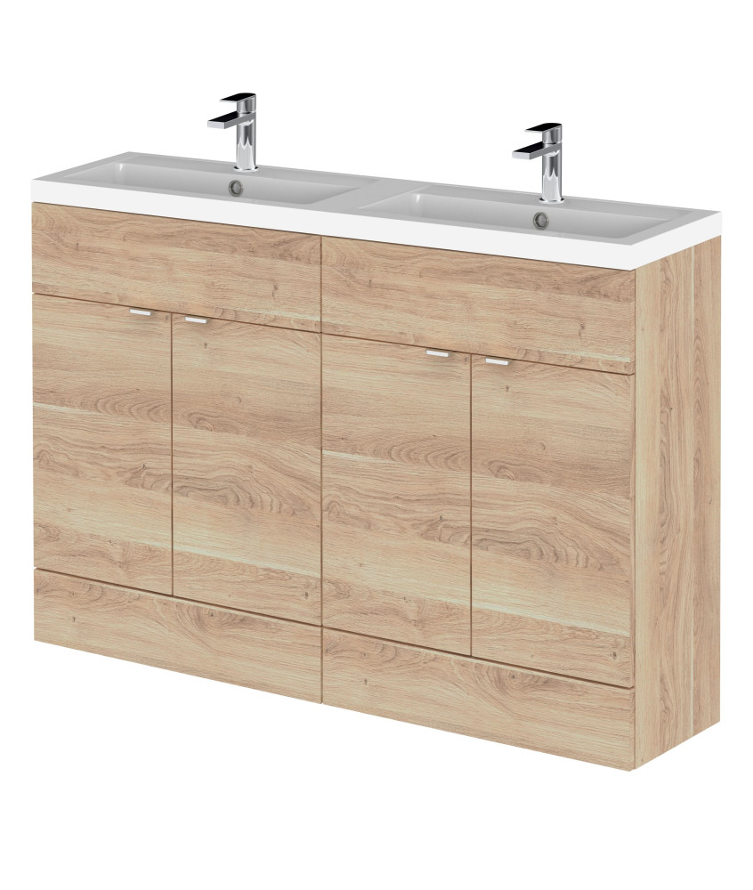 Hudson Reed Fusion Floor Standing 4-Door Vanity & Double polymarble Basin, Vanity Unit with Basin, Bleached Oak, 1200mm