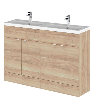 Hudson Reed Fusion Floor Standing 4-Door Vanity & Double Ceramic Basin, Vanity Unit with Basin, Bleached Oak, 1200mm