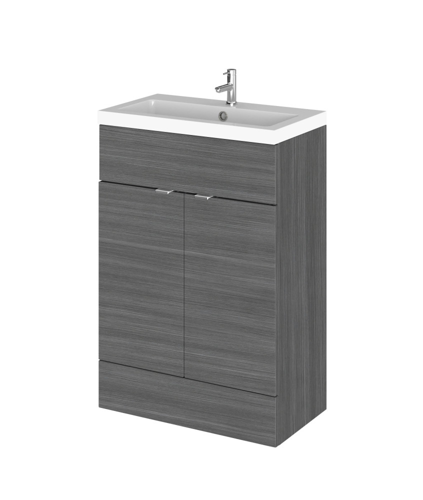 Hudson Reed Fusion Floor Standing 2 Door Vanity Unit & Polymarble Basin, Vanity Unit with Basin, Anthracite Woodgrain, 600mm