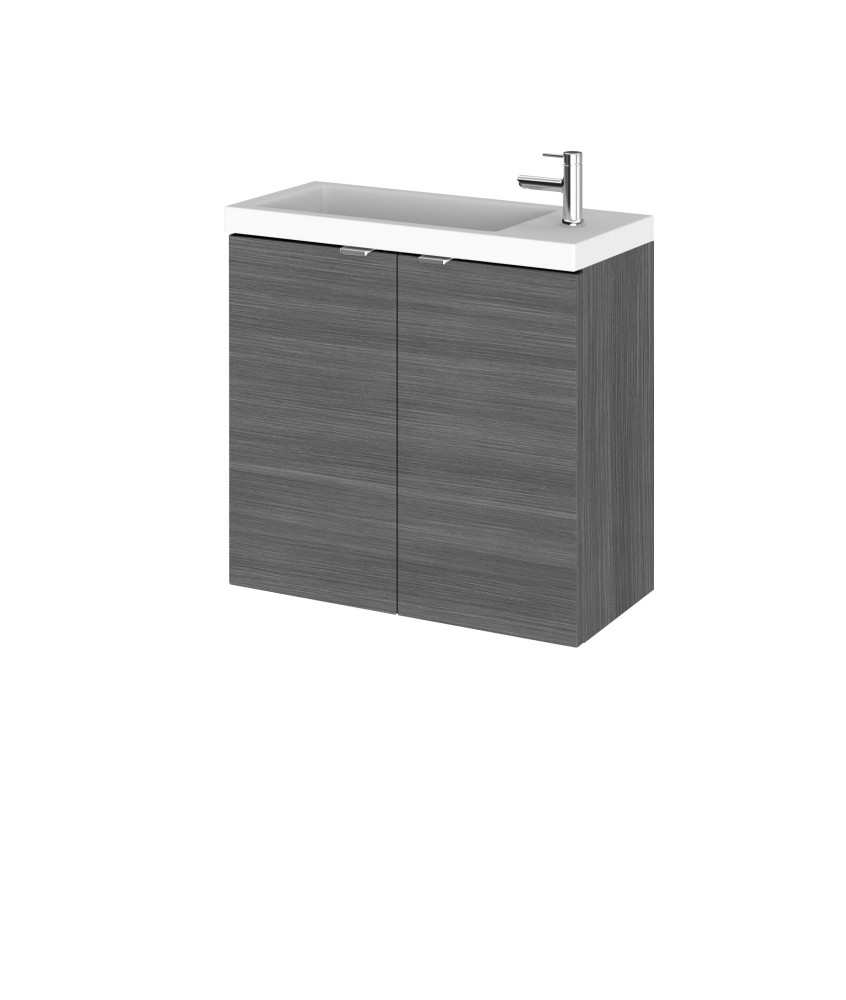 Hudson Reed Fusion Wall Hung 2 Door Vanity Unit & Polymarble Basin, Sink Vanity Unit, Anthracite Woodgrain, 600mm