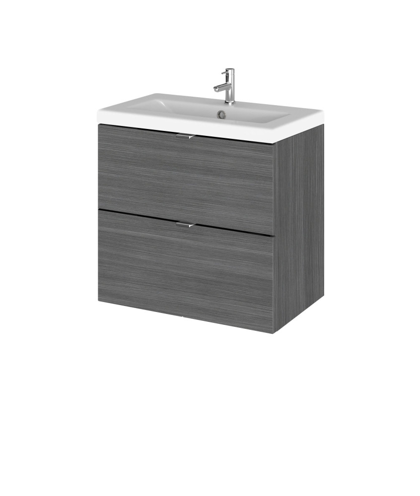 Hudson Reed Fusion Wall Hung 2 Drawer Vanity Unit & Ceramic Basin, Sink Vanity Unit, Anthracite Woodgrain, 600mm