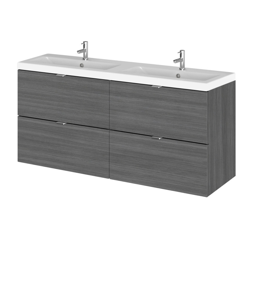 Hudson Reed Fusion Wall Hung 4 Drawer Vanity Unit & Twin Ceramic Basin, Sink Vanity Unit, Anthracite Woodgrain, 1200mm