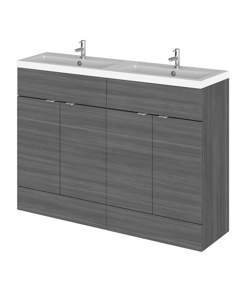 Hudson Reed Fusion Floor Standing 4 Door Vanity Unit & Twin Polymarble Basin, Sink Vanity Unit, Anthracite Woodgrain, 1200mm