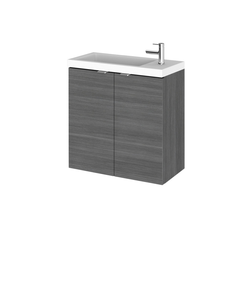 Hudson Reed Fusion Wall Hung 2 Door Vanity Unit & Compact Polymarble Basin, Sink Vanity Unit, Anthracite Woodgrain, 500mm