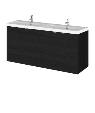 Hudson Reed Fusion Wall Hung 4 Door Vanity Unit & Twin Polymarble Basin, Sink Vanity Unit, Charcoal Black, 1200mm