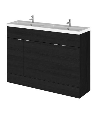 Hudson Reed Fusion Floor Standing 4 Door Vanity Unit & Twin Polymarble Basin, Sink Vanity Unit, Charcoal Black, 1200mm