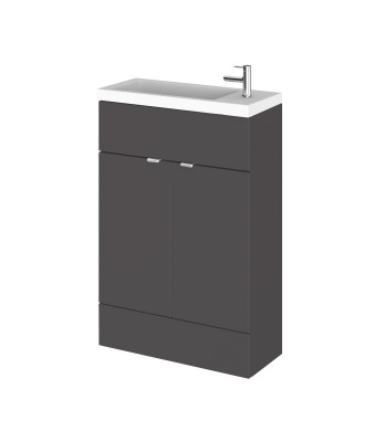 Hudson Reed Fusion Floor Standing 2 Door Vanity Unit & Polymarble Basin Compact, Stylish Sink Vanity Unit, Gloss Grey, 600mm