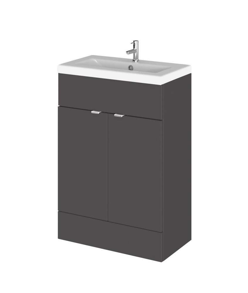 Hudson Reed Fusion Floor Standing 2 Door Vanity Unit & Ceramic Basin, Stylish Sink Vanity Unit, Gloss Grey, 600mm