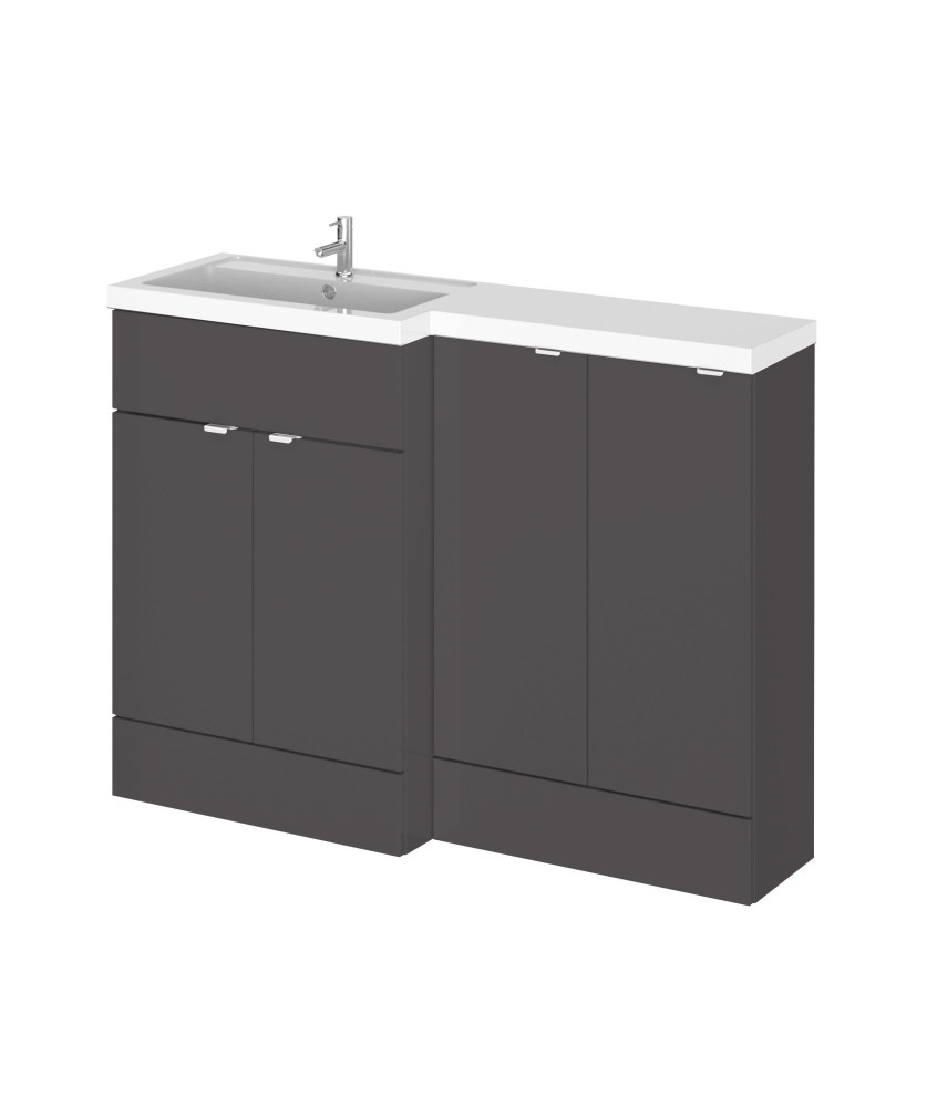 Hudson Reed Fusion Floor Standing 4 Door Vanity Basin Left Hand Combination, Stylish Bathroom Storage Unit, Gloss Grey, 1200mm