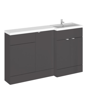 Hudson Reed Fusion Floor Standing 3 Door Vanity Basin & WC Right Hand Combination, Bathroom Storage Unit, Gloss Grey, 1500mm