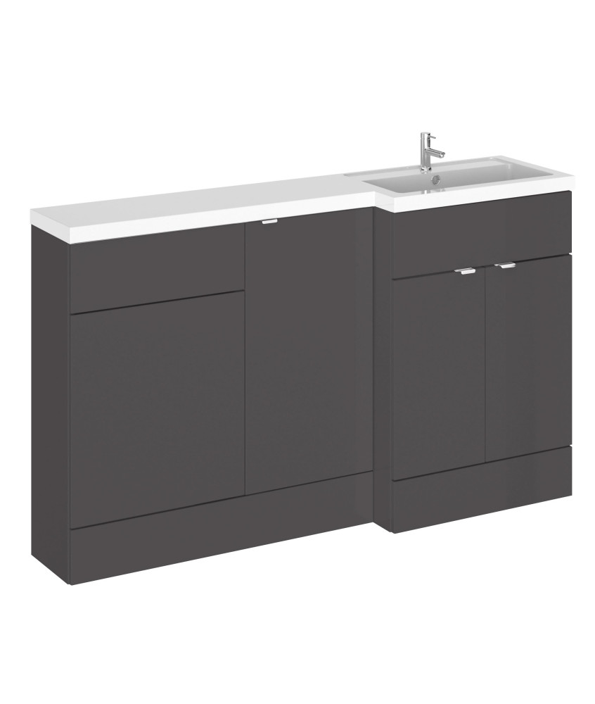 Hudson Reed Fusion Floor Standing 3 Door Vanity Basin & WC Right Hand Combination, Bathroom Storage Unit, Gloss Grey, 1500mm
