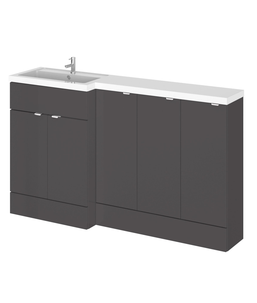 Hudson Reed Fusion Floor Standing 5 Door Vanity Basin Left Hand Combination, Stylish Bathroom Storage Unit, Gloss Grey, 1500mm