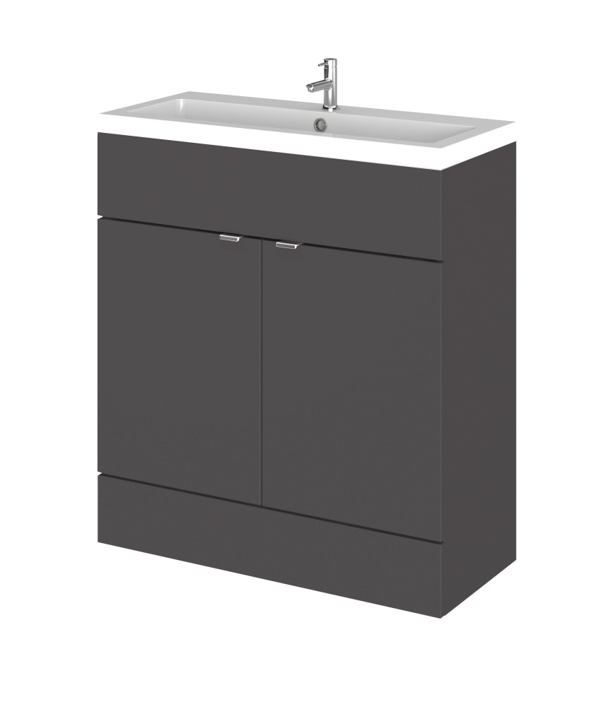 Hudson Reed Fusion Floor Standing 2 Door Vanity Unit & Polymarble Basin, Stylish Vanity Unit with Basin, Gloss Grey, 800mm
