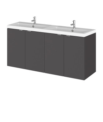 Hudson Reed Fusion Wall Hung 4 Door Vanity Unit & Twin Polymarble Basin, Stylish Sink Vanity Unit, Gloss Grey, 1200mm