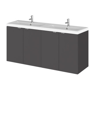Hudson Reed Fusion Wall Hung 4 Door Vanity Unit & Twin Ceramic Basin, Stylish Sink Vanity Unit, Gloss Grey, 1200mm