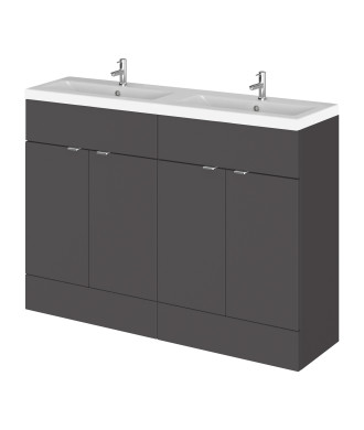Hudson Reed Fusion Floor Standing 4 Door Vanity Unit & Twin Ceramic Basin, Stylish Sink Vanity Unit, Gloss Grey, 1200mm