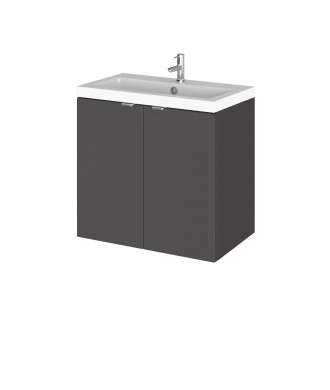 Hudson Reed Fusion Wall Hung 2 Door Vanity Unit & Polymarble Basin Compact, Stylish Sink Vanity Unit, Gloss Grey, 600mm