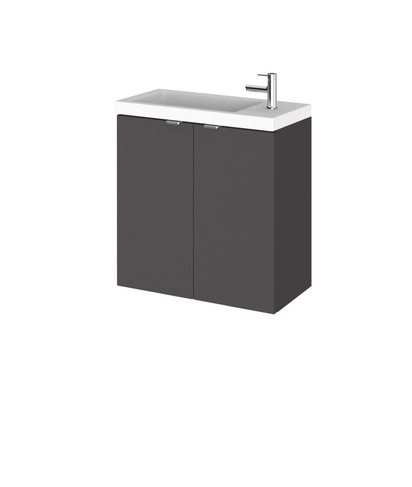 Hudson Reed Fusion Wall Hung 2 Door Vanity Unit & Polymarble Basin Compact, Stylish Sink Vanity Unit, Gloss Grey, 500mm
