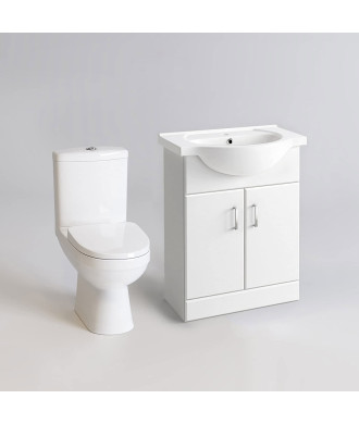 iBathUK Arden Toilet & 650mm Slimline Sink Cabinet Cloakroom Set, Close Coupled Toilet Pan, Gloss White Vanity Unit with Sink