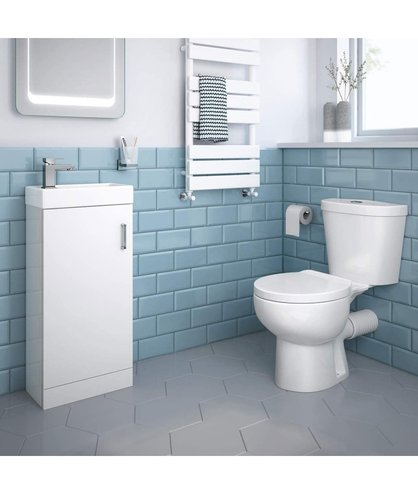 iBathUK Arden Toilet & 400mm Slimline Sink Cabinet Cloakroom Set, Close Coupled Toilet Pan, Gloss White Vanity Unit with Sink