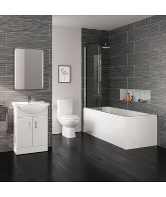 iBathUK Arvon Straight Shower Bath, Gloss White Vanity Unit & Close Coupled Toilet, Modern Bathroom Furniture Set, 1700mm