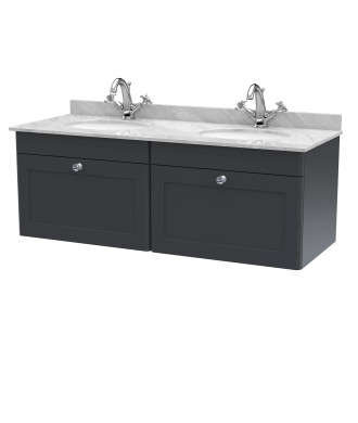 Nuie Classique Wall Hung 2 Drawer Unit & 1 Tap Hole Grey Marble Top with Oval Basin, Sink Vanity Unit in Soft Black with Whit...