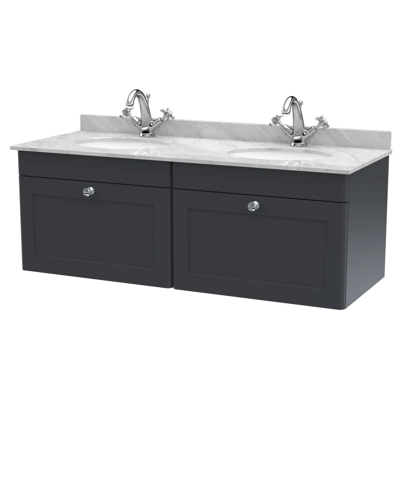Nuie Classique Wall Hung 2 Drawer Unit & 1 Tap Hole Grey Marble Top with Oval Basin, Sink Vanity Unit in Soft Black with Whit...
