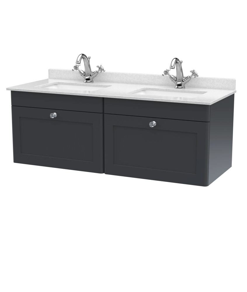 Nuie Classique Wall Hung 2 Drawer Unit & 1 Tap Hole White Marble Top with Square Basin, Sink Vanity Unit in Soft Black with W...